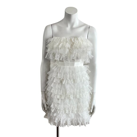 BCBGMaxAzria Strapless Ruffle Lace Mini Dress Off-white Light Yellow 2 - Picture 3 of 11